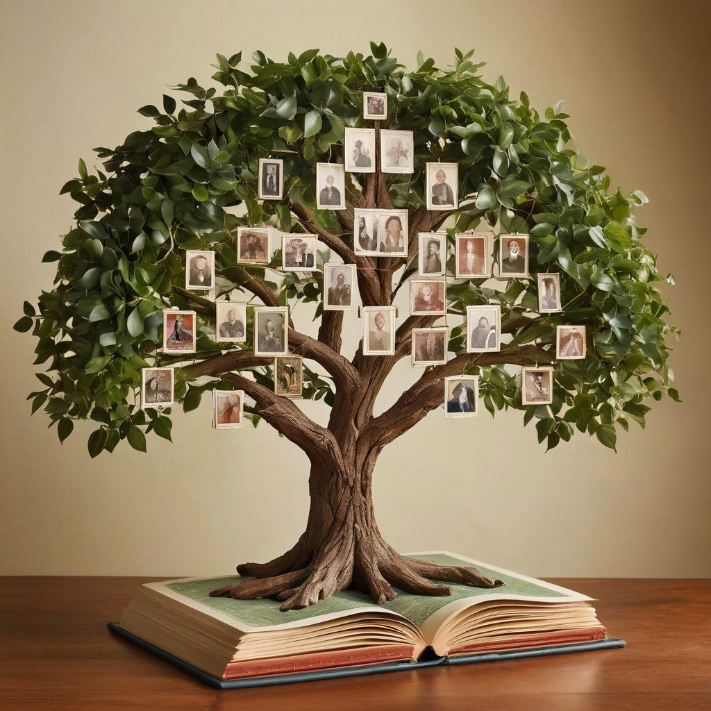 A captivating family tree with branches intertwining through time, featuring portraits of diverse ancestors in vintage styles. Background showing landmarks from various cultures representing global heritage. An open genealogy book with handwritten notes and historical maps scattered around. Soft sunlight filtering through leaves, symbolizing growth and discovery. super-realistic. warm colors. nature-inspired.