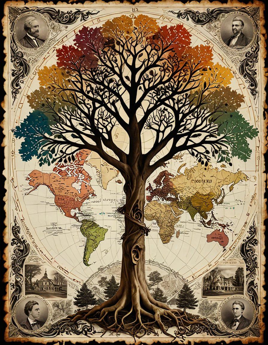 A collage of historical records, including old family trees, vintage photographs, and ancient parchments, intertwined with vibrant DNA strands that symbolize genetic heritage. The background features a map highlighting different regions, representing ancestry, while a warm light bathes the scene in a nostalgic glow. Super-realistic. Vibrant colors. 3D.