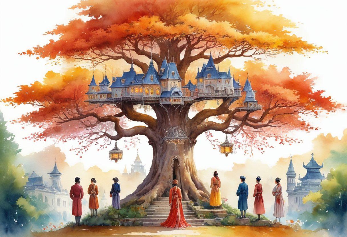 A beautifully intricate family tree with vibrant leaves representing different cultures, featuring iconic landmarks like castles, temples, and traditional homes in the background to signify ancestral roots. Incorporate diverse ancestral figures dressed in historical garments, gathering around the tree, symbolizing a celebration of heritage. Soft, warm lighting enhances the nostalgic atmosphere. artistic watercolor. vibrant colors. white background.